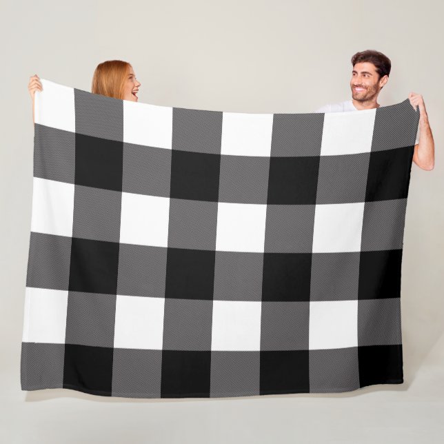 Black & White Checkered Squares Buffalo Plaid Fleece Blanket (In Situ)