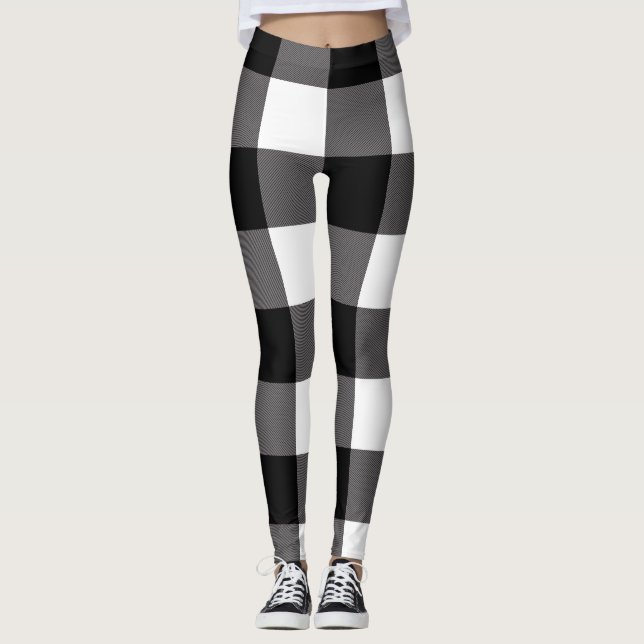 Black & White Checkered Squares Buffalo Plaid Leggings (Front)