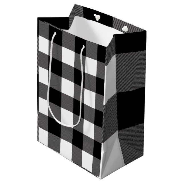 Black & White Checkered Squares Buffalo Plaid Medium Gift Bag (Front Angled)