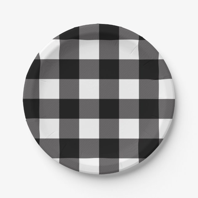 Black & White Checkered Squares Buffalo Plaid Paper Plates (Front)