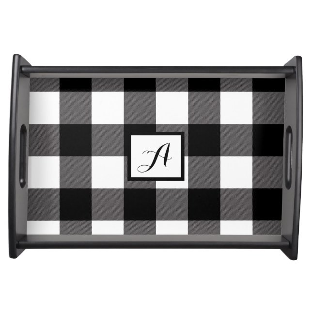 Black & White Checkered Squares Buffalo Plaid Serving Tray (Front)