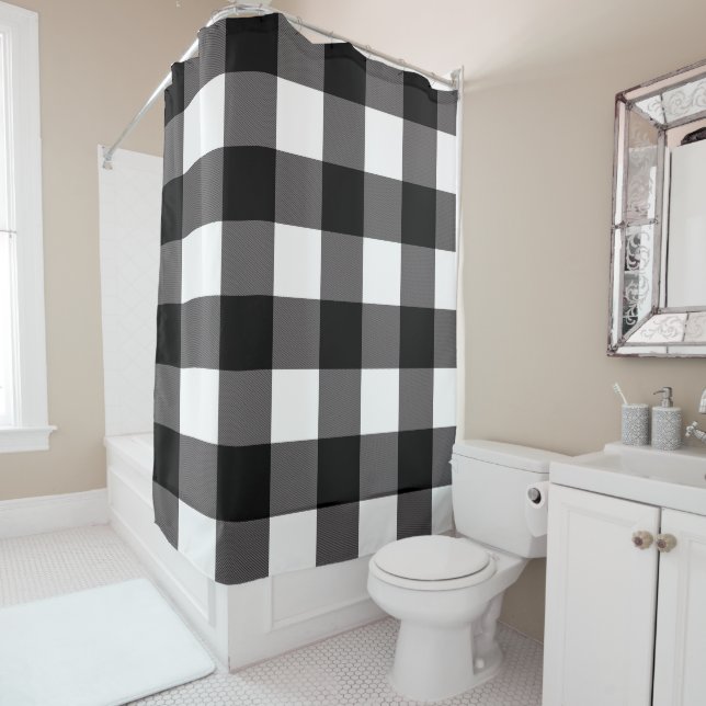 Black & White Checkered Squares Buffalo Plaid Shower Curtain (In Situ)
