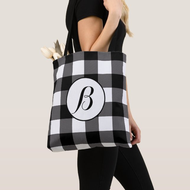 Black & White Checkered Squares Buffalo Plaid Tote Bag (Close Up)