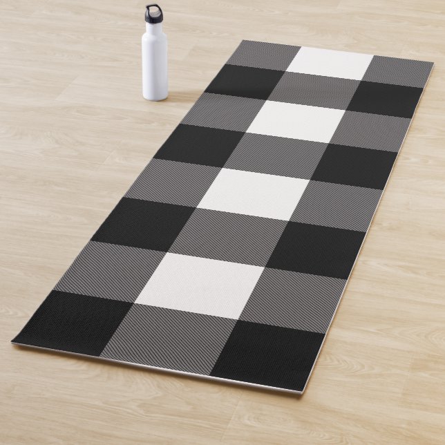 Black & White Checkered Squares Buffalo Plaid Yoga Mat (In Situ)