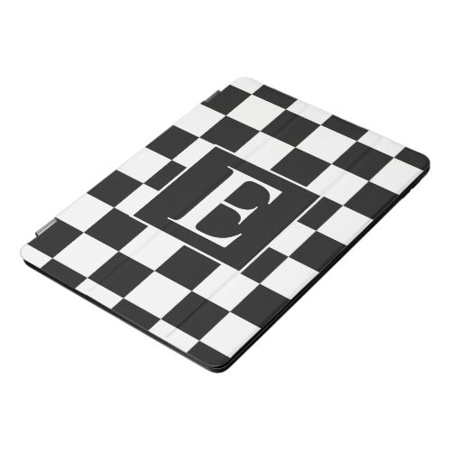 Black White Checkered Squares Monogram Initial  iPad Pro Cover