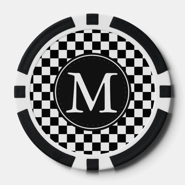 Black White Checkered Squares Monogram Poker Chips (Front)