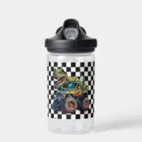 Black White Checkered T-Rex Monster Truck Water Bottle