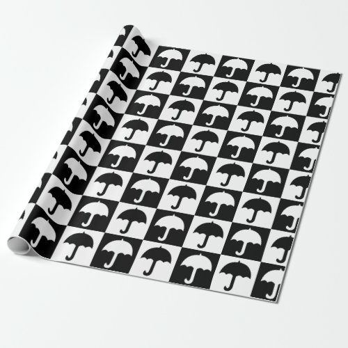 Black White Checkered Umbrella Block Print Wrapping Paper