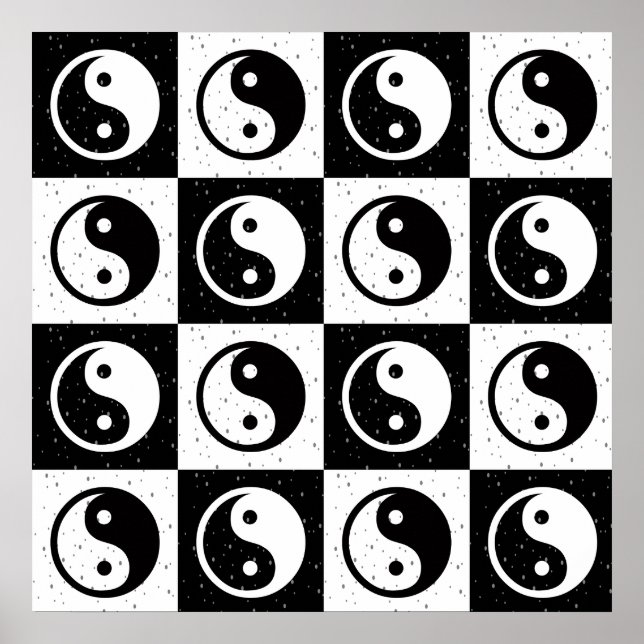 Black White Checkered Yin-yang Zen Block Print (Front)