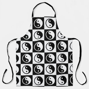 Black White Checkered Yin-yang Zen Block Print Apron