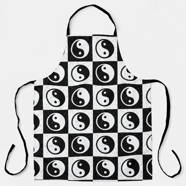 Black White Checkered Yin-yang Zen Block Print Apron (Front)