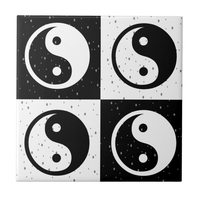 Black White Checkered Yin-yang Zen Block Print Ceramic Tile (Front)