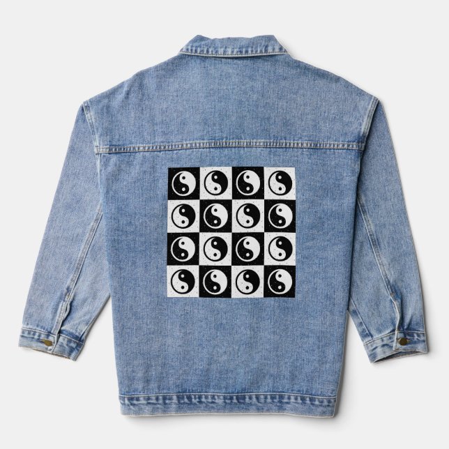 Black White Checkered Yin-yang Zen Block Print Denim Jacket (Back)