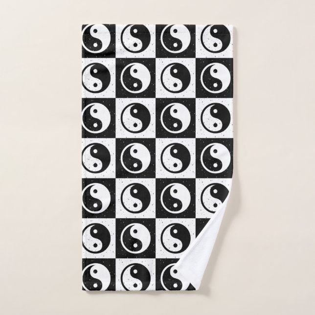 Black White Checkered Yin-yang Zen Block Print Hand Towel (Hand Towel)
