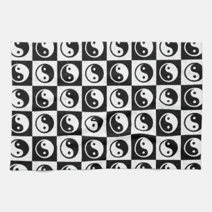 Black White Checkered Yin-yang Zen Block Print Kitchen Towel