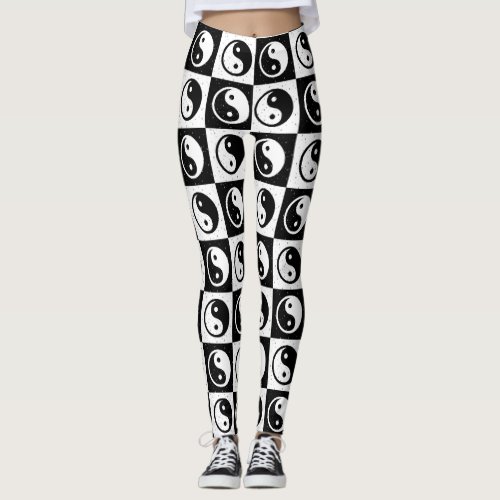 Black White Checkered Yin_yang Zen Block Print Leggings