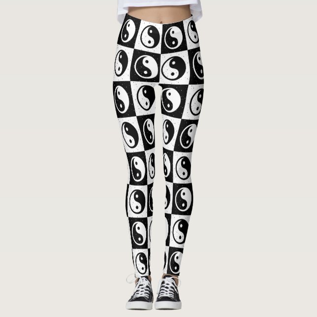 Black White Checkered Yin-yang Zen Block Print Leggings (Front)