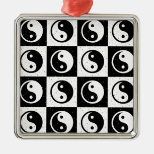 Black White Checkered Yin-yang Zen Block Print Metal Ornament