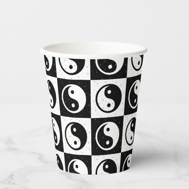 Black White Checkered Yin-yang Zen Block Print Paper Cups (Front)
