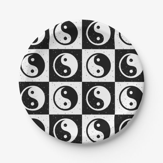 Black White Checkered Yin-yang Zen Block Print Paper Plates (Front)