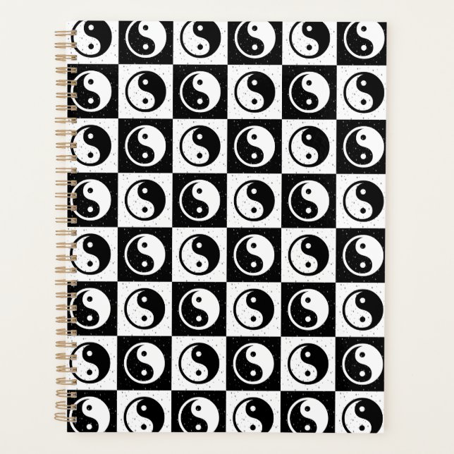 Black White Checkered Yin-yang Zen Block Print Planner (Front)
