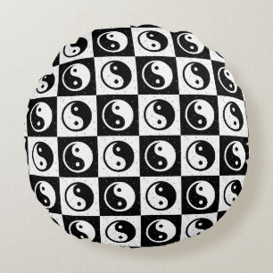 Black White Checkered Yin-yang Zen Block Print Round Pillow