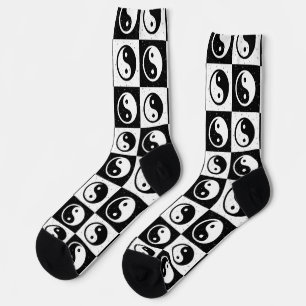Black White Checkered Yin-yang Zen Block Print Socks