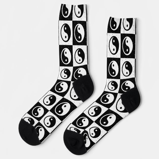 Black White Checkered Yin-yang Zen Block Print Socks (Left)