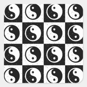Black White Checkered Yin-yang Zen Block Print Square Sticker