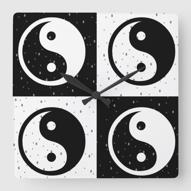 Black White Checkered Yin-yang Zen Block Print Square Wall Clock (Front)
