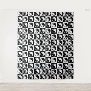 Black White Checkered Yin-yang Zen Block Print Tapestry