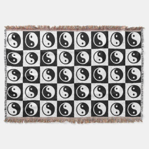 Black White Checkered Yin-yang Zen Block Print Throw Blanket