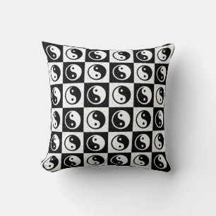 Black White Checkered Yin-yang Zen Block Print Throw Pillow