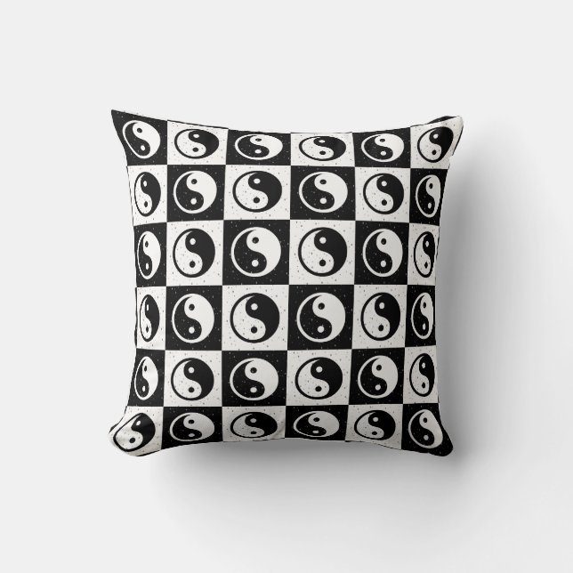 Black White Checkered Yin-yang Zen Block Print Throw Pillow (Front)