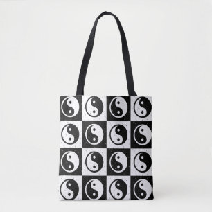 Black White Checkered Yin-yang Zen Block Print Tote Bag