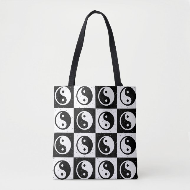 Black White Checkered Yin-yang Zen Block Print Tote Bag (Front)