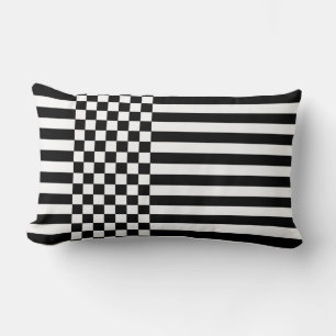 Black & White Checkers & Stripes Pattern Lumbar Pillow
