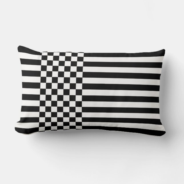 Black & White Checkers & Stripes Pattern Lumbar Pillow (Front)