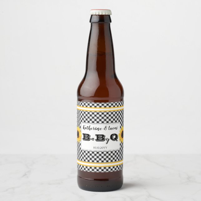 Black | White Checks Baby Q BBQ Shower  Beer Bottle Label (Front)