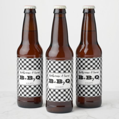 Black  White Checks Baby Q BBQ Shower Beer Bottle Label