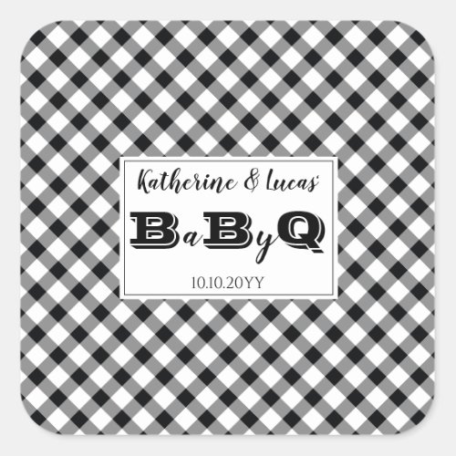 Black  White Checks Baby Q BBQ Shower Square Sticker