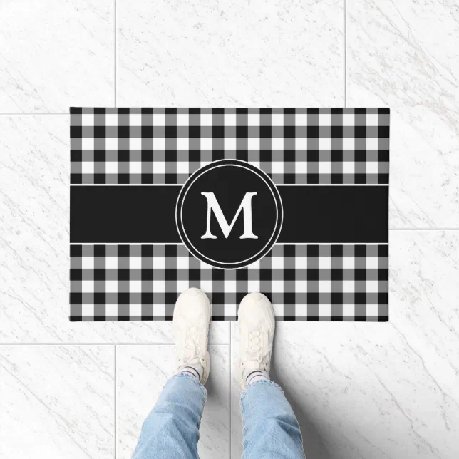 Black & White Checks Gingham Pattern Monogrammed Doormat Zazzle
