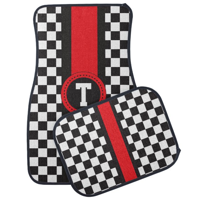 Black & White Checks Red Race Stripe | Monogram Car Mat (Set)