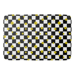 BLACK & WHITE CHECKS WITH TINY YELLOW FLOWERS BATH MAT