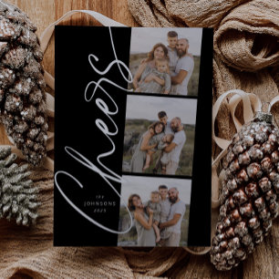 Black & White Cheers Elegant Script Christmas Foil Holiday Card