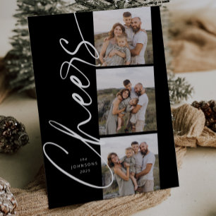 Black & White Cheers Elegant Script Christmas Holiday Card