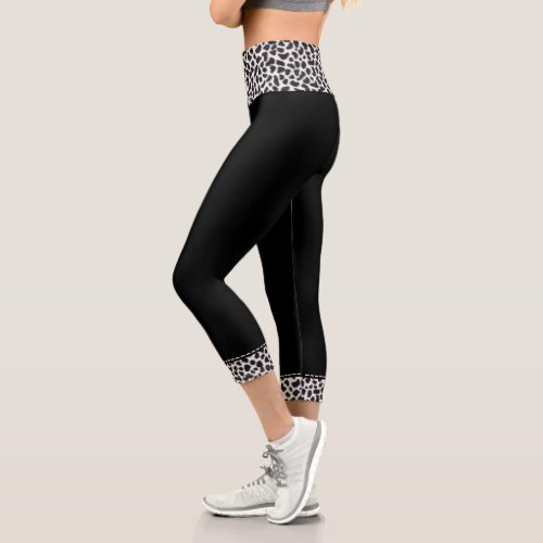 Black  White Cheetah Animal Skin Trim Capri Leggings