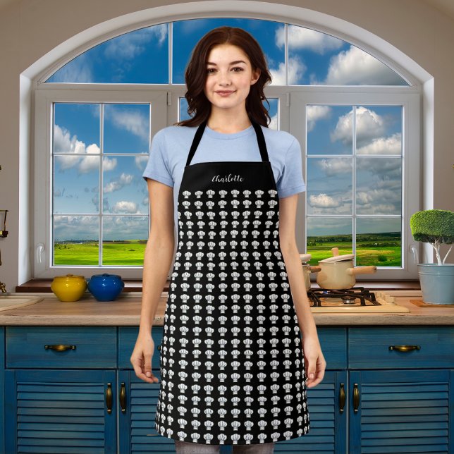 Black white chef hats pattern name apron (Creator Uploaded)