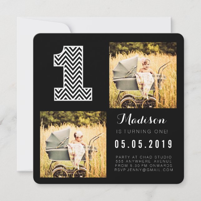 Black & White Chevron 1st Birthday Photo Cards (Front)
