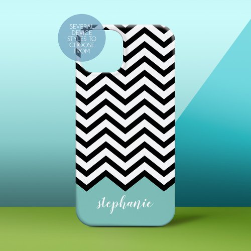 Black White Chevron Add Your Name teal iPhone 13 Case